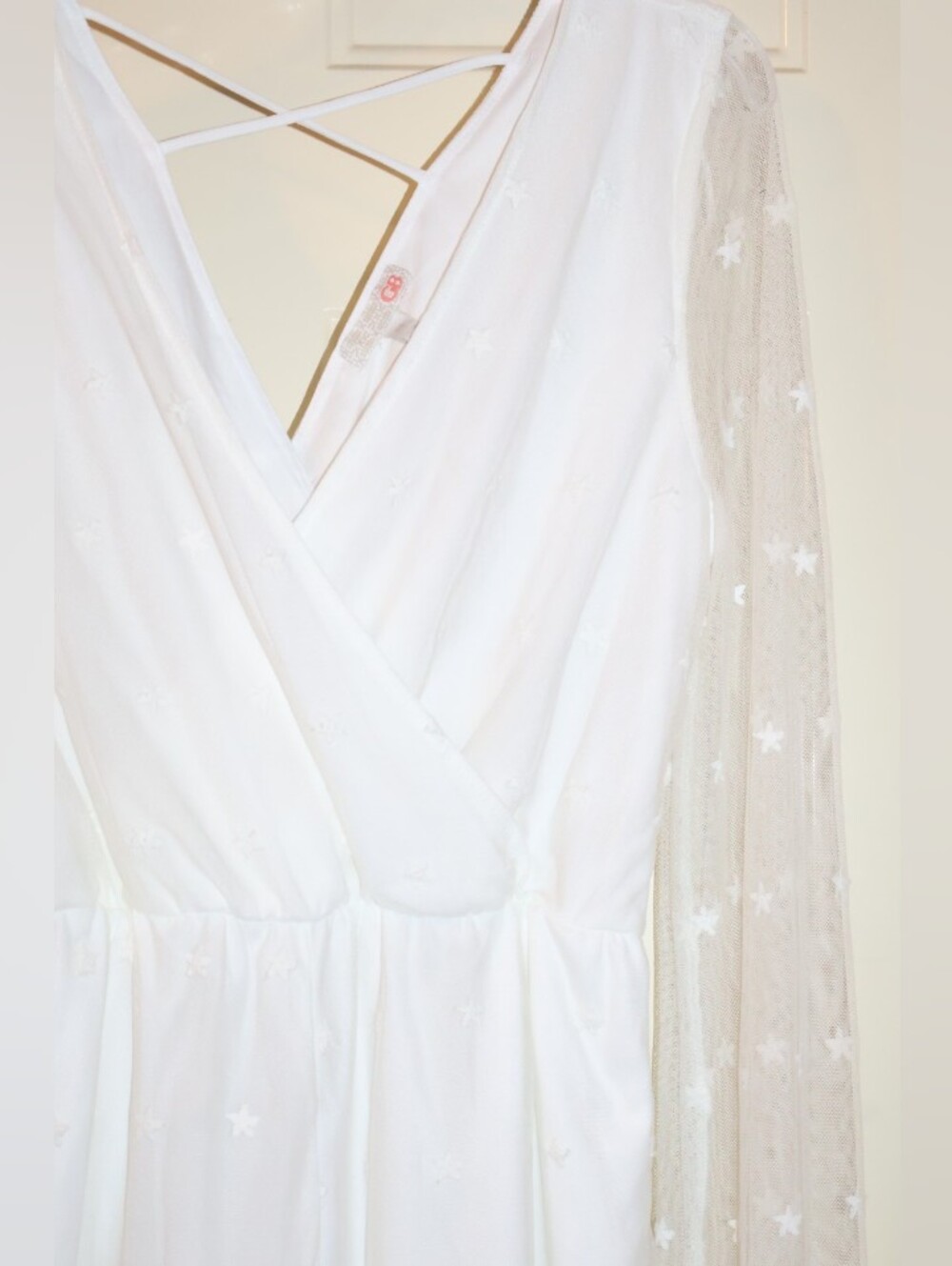 Gianni Bini White Lace Star Embroidered Long Bell-Sleeve Romper. - Picture 5 of 15